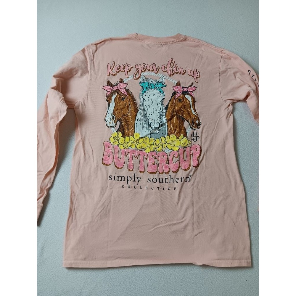 Simply Southern Buttercup Horse Long Sleeve Tee Pink Womens Medium Cotton Sz M